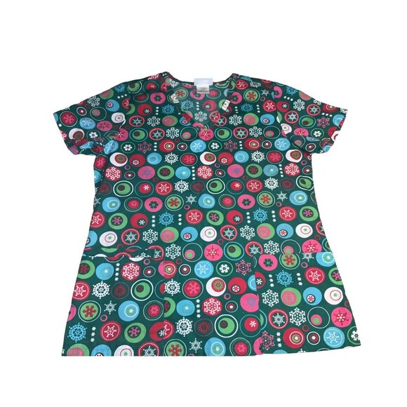 SB Scrubs Nurse Scrub Top Christmas Winter Snowflake Classic Emerald Size Small - Picture 2 of 9